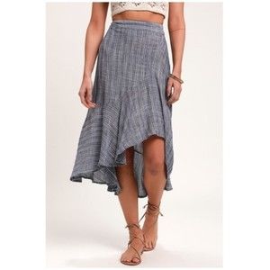 NWT Lulu's By the Bay Washed Blue and White Striped Ruffled Midi Skirt Size XS